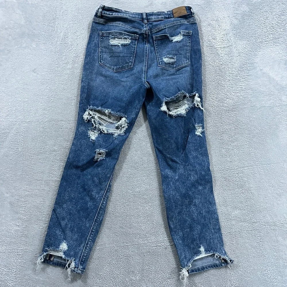 American Eagle Jeans Womens 8 Blue Mom Stretch High Rise Distressed Denim Skater